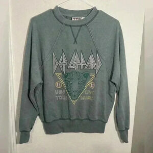Def Leppard Distressed Teal Licensed Reto Vintage Inspired Crewneck Size XS